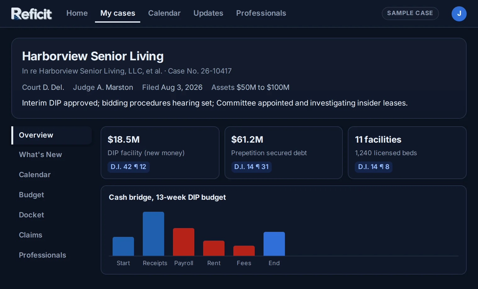 A sample case dashboard: case facts, key figures with docket citations, and a cash bridge chart