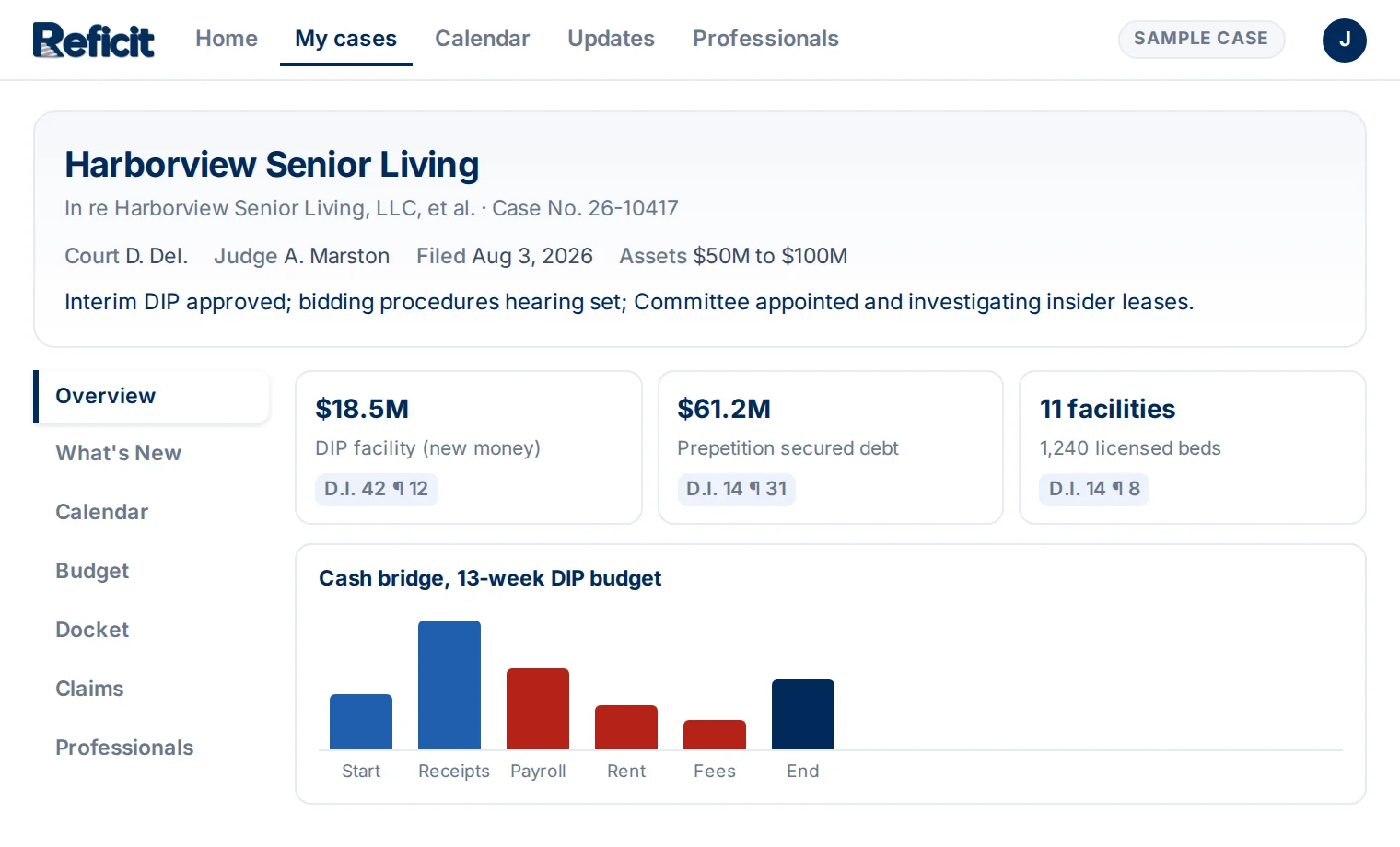 A sample case dashboard: case facts, key figures with docket citations, and a cash bridge chart