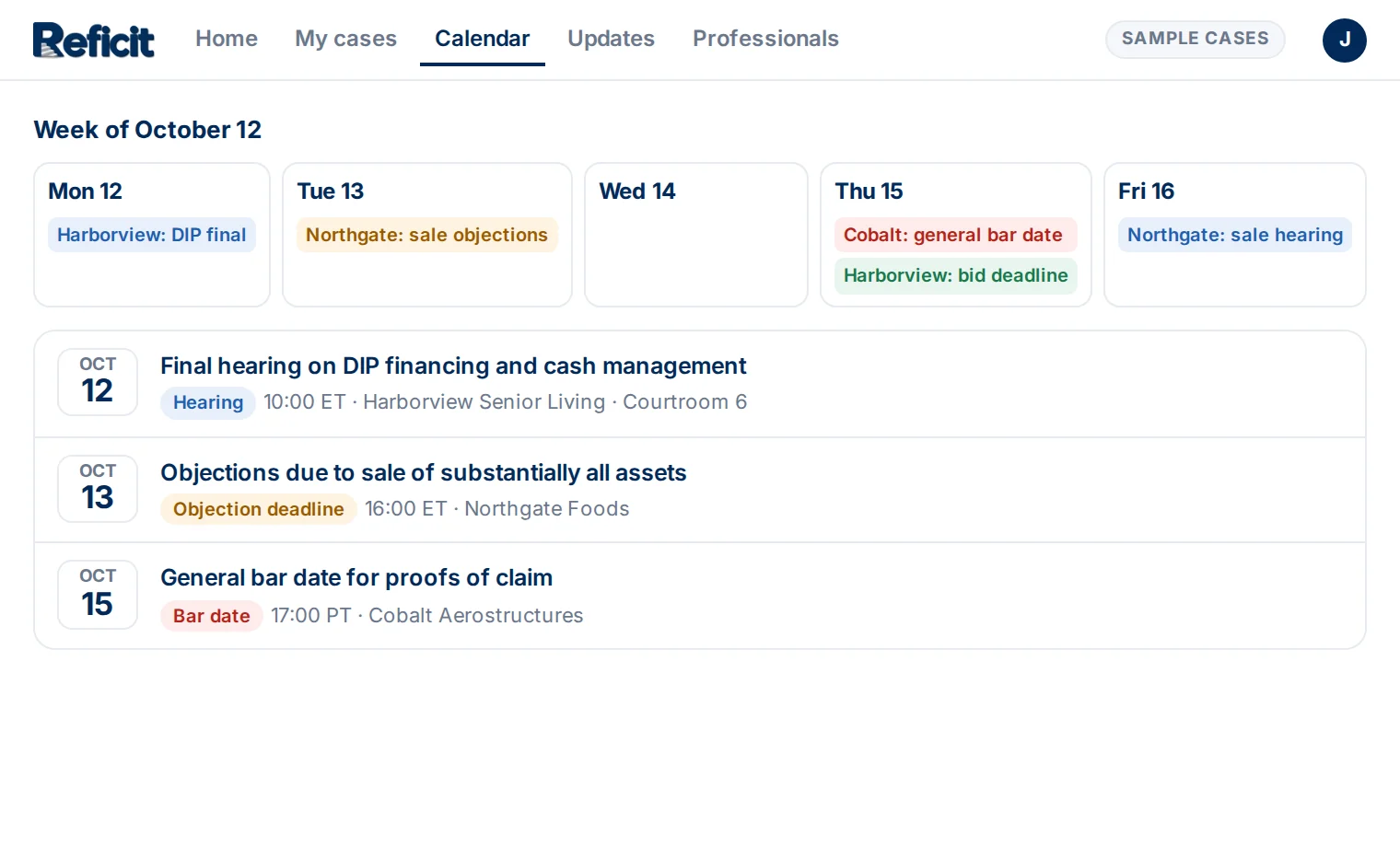 A sample calendar week with hearings, objection deadlines and a bar date across three cases