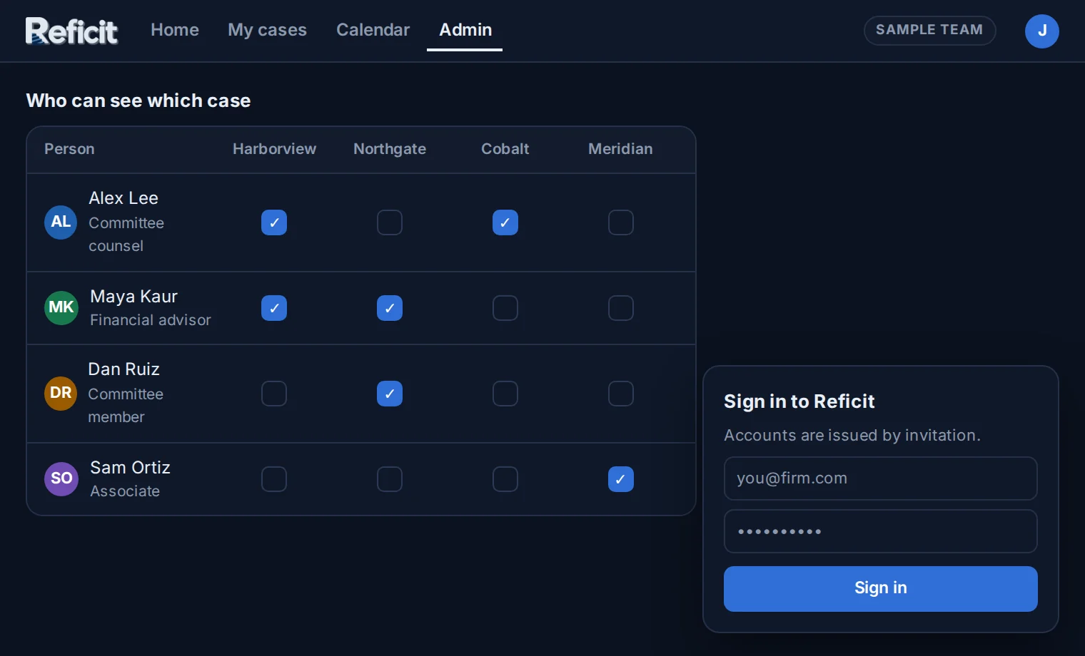 A sample access grid showing which people can see which case, beside the sign-in form